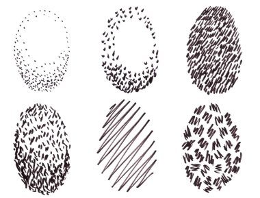 Beyaz arka planda farklı kuluçkaya yatmış altı yumurtadan oluşan grafik siyah ve beyaz çizim.