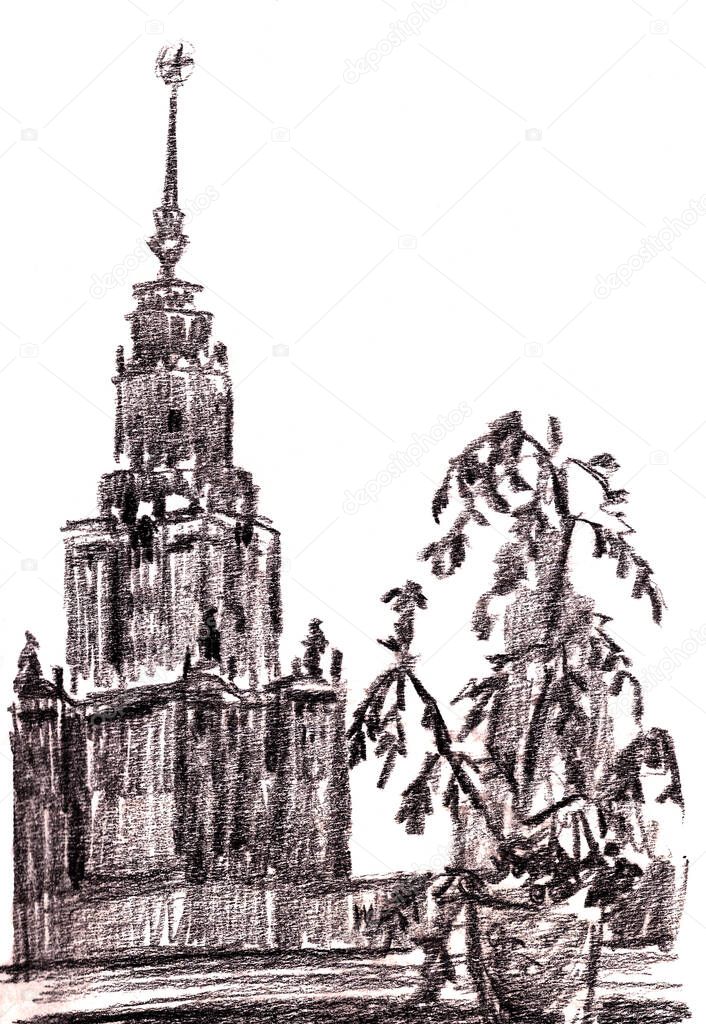 graphic black and white drawing the main building of Moscow State University on a white background