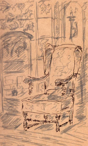 graphic drawing of an old armchair with armrests on the background of tapestries on textured brown paper