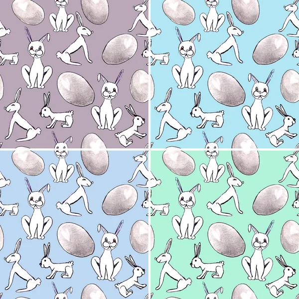 Beyaz tavşanlar ve yumurtalarla kusursuz paskalya desenleri — Stok fotoğraf