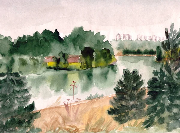 Akwarelowy rysunek sosen w parku miejskim nad rzeką — Zdjęcie stockowe
