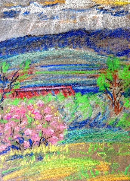 Graphic multicolor drawing oil pastel spring fresh landscape — Stock Photo, Image