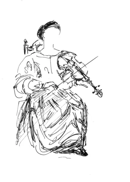 Violinista Abiti Antichi Disegno Grafico Lineare Sfondo Bianco — Foto Stock