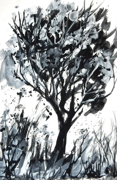 Графические Черно Белые Текстурные Кисти Рисовать Одинокое Дерево Белом Фоне — стоковое фото