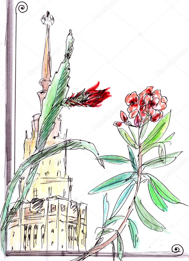 graphic drawing Moscow State University and flowers on a window on a white background