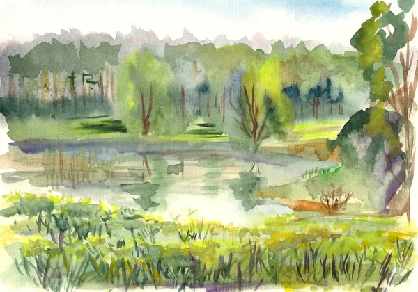 Acuarela Dibujo Primavera Verano Paisaje Con Lago Sobre Fondo Blanco — Foto de Stock