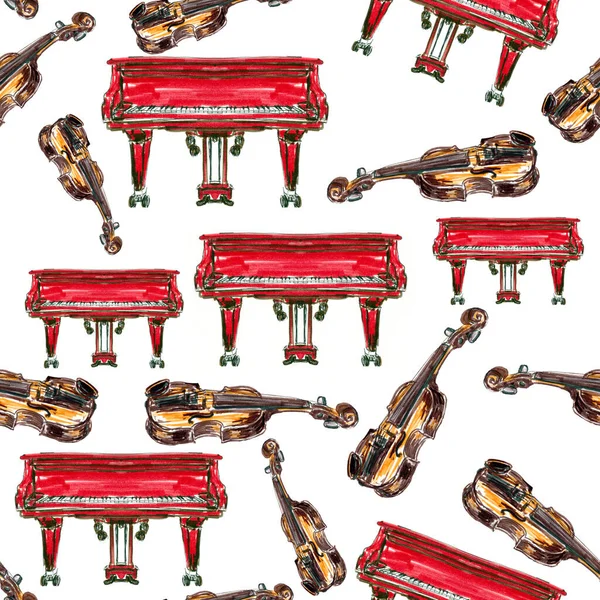 Бесшовный Узор Музыкальными Инструментами Рояль Скрипка Белом Фоне — стоковое фото