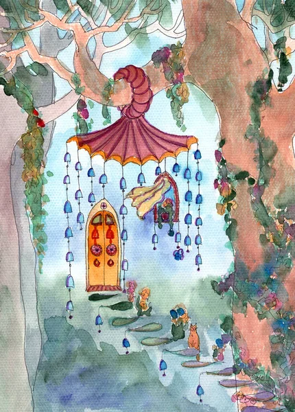 Pohádkové Akvarel Grafické Magické Lesní Krajina Pohádkové Strom Bydlení — Stock fotografie