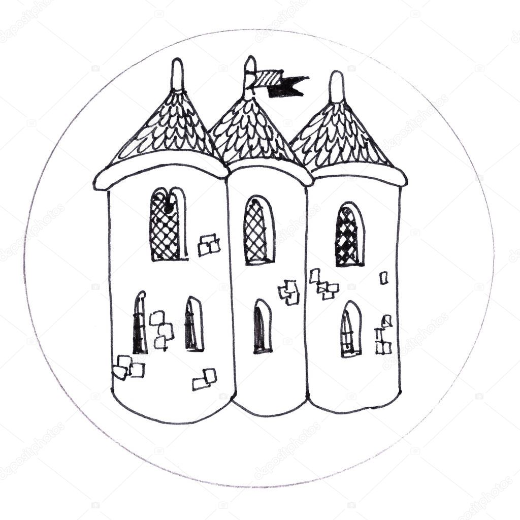 graphic black and white drawing of three round towers with spiers, sharp roofs and windows on a white background