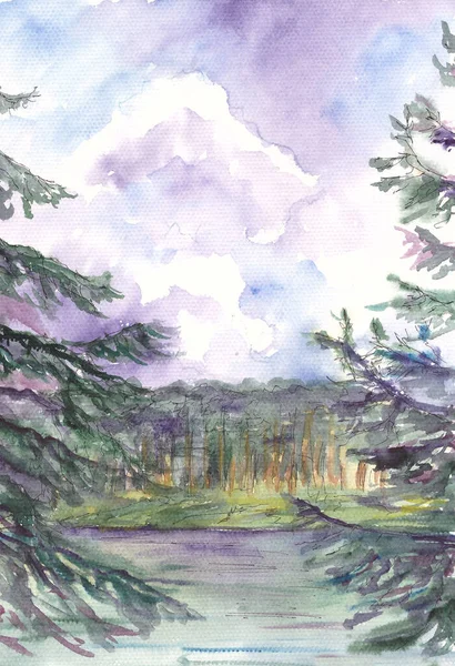 Abstrakcyjny Akwarelowy Letni Krajobraz Zielonymi Jodłami Jeziorem Przeciwko Zachmurzonemu Niebu — Zdjęcie stockowe