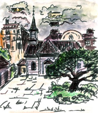 Beyaz zemin üzerinde Norveç 'in eski Bergen kentini çizen grafik rengi