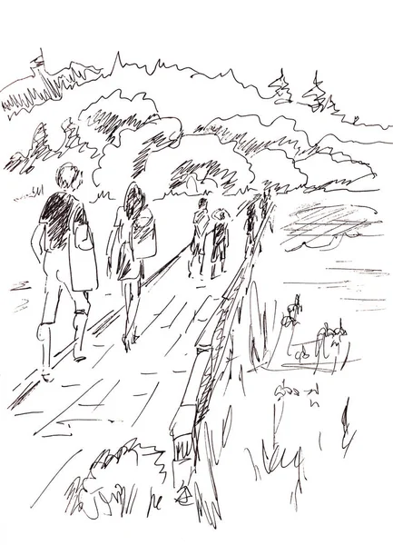 graphic black and white drawing summer family walk on white background