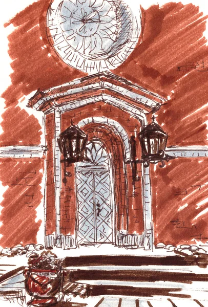 graphic color drawing Norway church gate with lanterns on the sides on a white background