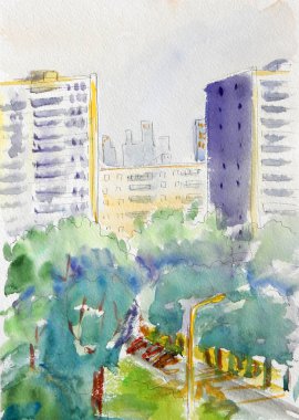 Arka planda yüksek binalar olan modern şehir yaz manzarası. Suluboya resim.