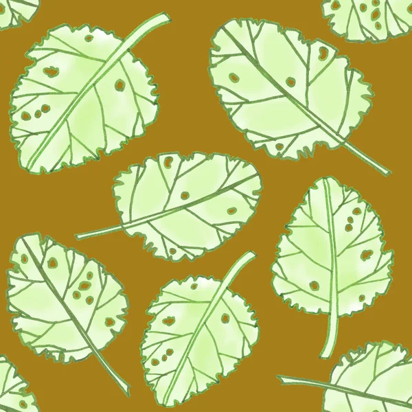 Светло Зеленый Весенний Акварель Графические Листья Бесшовный Узор Коричневом Фоне — стоковое фото