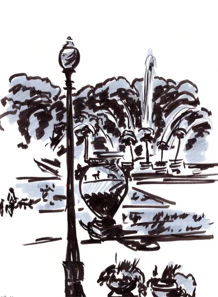 白い背景の公園の噴水と装飾花瓶のグラフィック黒と白の図面 — ストック写真