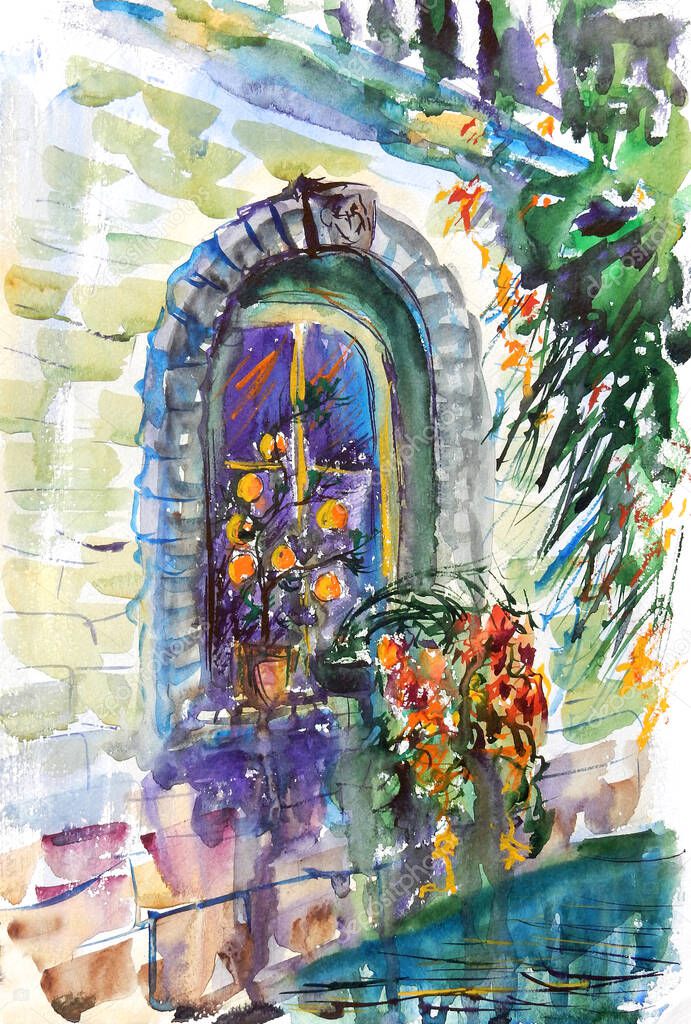 Watercolor full color drawing. arched window with flowers over a canal in Venice.