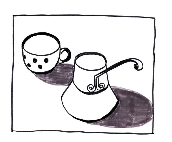 black and white graphic drawing of cezve and cup on a white background.