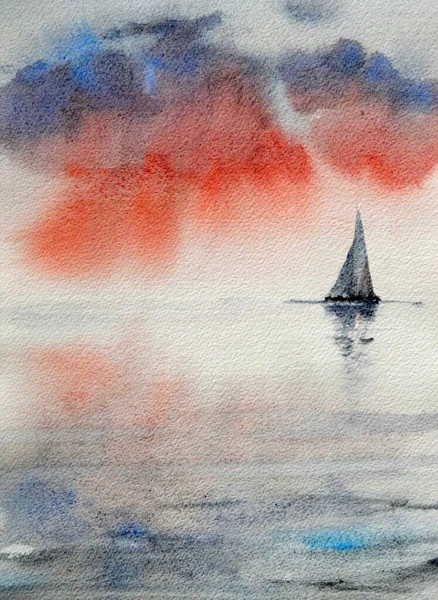 Rote Dramatische Ruhige See Sonnenuntergang Und Eine Einsame Jacht Aquarell — Stockfoto