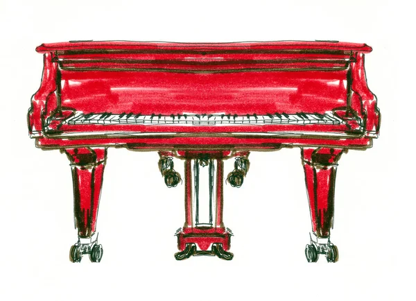 Graphic Drawing Red Piano Open Keyboard White Background — Stock Photo, Image