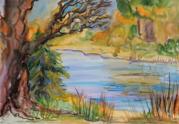 watercolor drawing autumn landscape in yellow tones an old tree by the blue river with a forest in the background