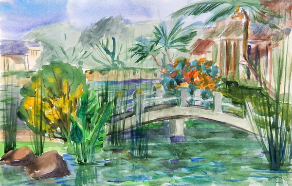 watercolor drawing bridge over the pond in oriental style with aquatic plants and flowers