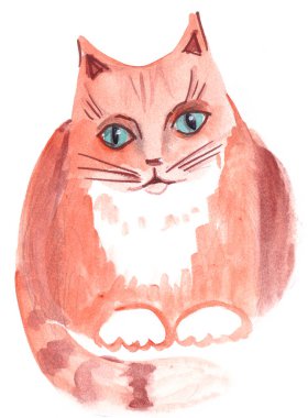 Yeşil gözlü kızıl bir kedi kuyruğunu kıstırıp yatar. Suluboya grafik çizimi.