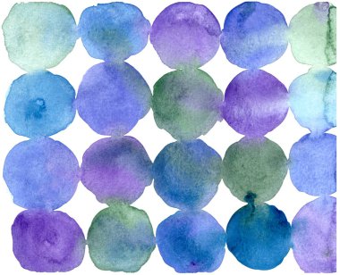 Beyaz arkaplan üzerinde çok renkli mavi mor dairelerin soyut dokusal suluboya deseni