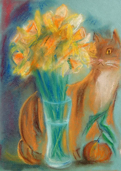 花瓶の後ろには水仙と生姜の猫が描かれた花瓶 背景には柔らかいパステルカラーのフルカラーのドローイング — ストック写真