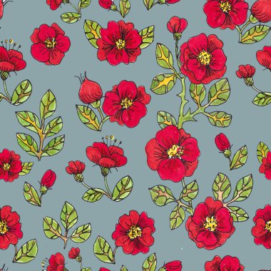 Kırmızı renklerin kusursuz deseni, mavi arka planda yaprakları olan koyu kırmızı gül çiçekleri. Grafik tam renk çizimi.
