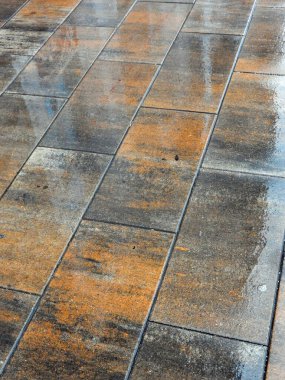 Yağmurdan sırılsıklam olmuş gri-turuncu döşeme levhaları sabah