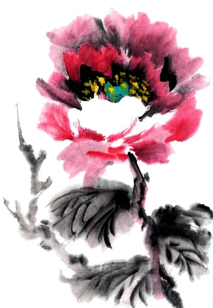 Peonía Rosa Brillante Estilo Pintura China Sobre Fondo Blanco Dibujo —  Fotos de Stock