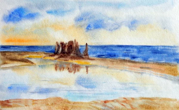 A sand castle on a sea beach at sunset is reflected in calm water. Watercolor acrylic drawing.