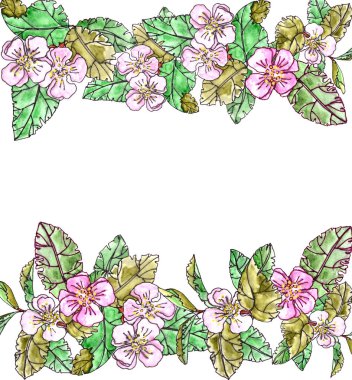 Kumaş bir yüzey. Bahar çiçekleri ve aralarında kopyalama alanı olan iki şerit bırakıyor. Kartlar, davetiyeler, kartvizitler. suluboya grafik çizimi.