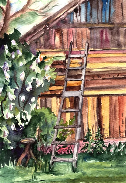 Akvarel Kreslení Staré Dřevěné Stodoly Malované Různými Barvami Dřevěné Schodiště — Stock fotografie