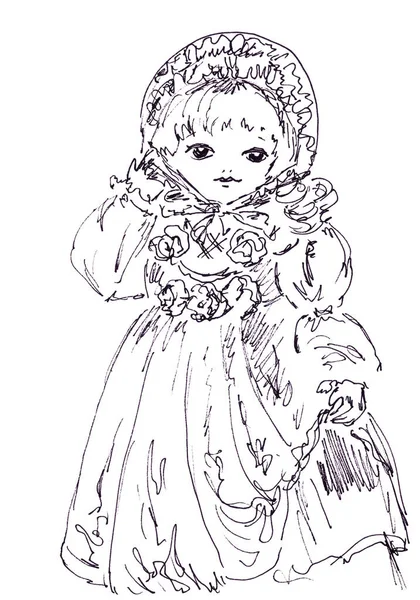 Grafik Schwarz Weiß Zeichnung Altes Puppenmädchen Schönem Kleid Und Kapuze — Stockfoto