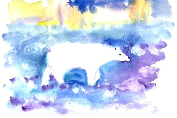 watercolor drawing polar bear in ice on aurora background