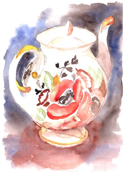 Aquarell Bemalte Rote Blumen Auf Weißem Hintergrund Porzellan Teekanne — Stockfoto