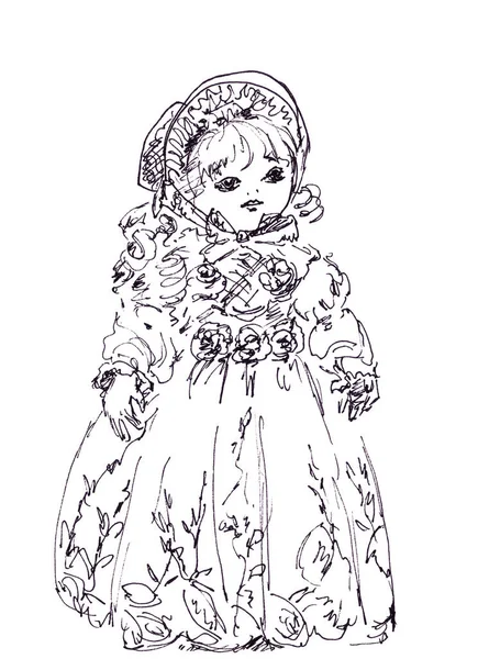 Grafický kreslení starý panenka dívka v krásné šaty a kapuce — Stock fotografie
