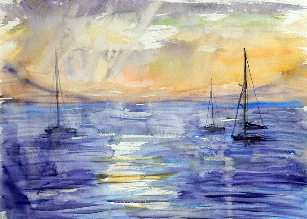 帆船在大海中迎着夕阳西下的明亮天空航行.水彩画. — 图库照片