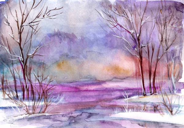 Акварельный зимний пейзаж с деревьями и снегом на размытом фоне — стоковое фото