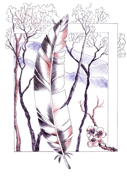Graficzny Rysunek Wiosenny Motyw Piórem Kwitnącymi Drzewami Białym Tle — Zdjęcie stockowe