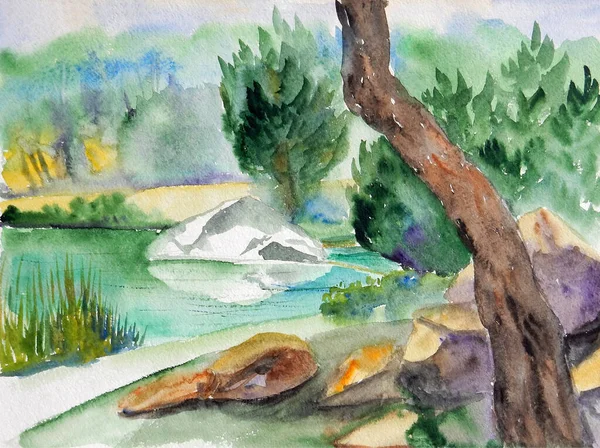 Etrafında Deoyev Olan Bir Dağ Gölünün Suluboya Çizimi Turkuaz Sudaki — Stok fotoğraf
