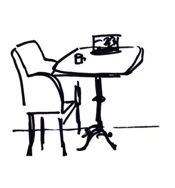 Karantina sırasında beyaz bir arka planda boş bir kafede bir masa, koltuk ve bir fincan kahve çizimi.