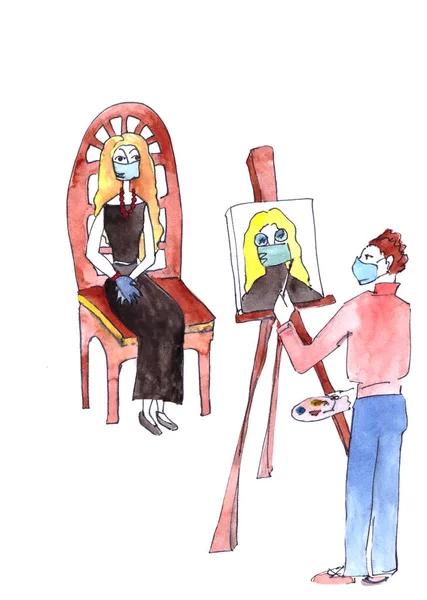 The artist paints a portrait of a girl in a mask during an epidemic of coronavirus. Watercolor graphic drawing.