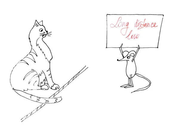 Довга Відстань Любов Кіт Миша Обговорюють Соціальну Відстань Гумор — стокове фото