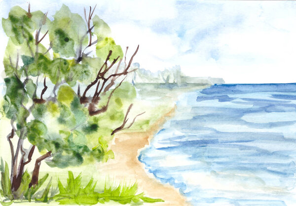 abstract green blue watercolor spring summer seascape with a willow bush on the shore