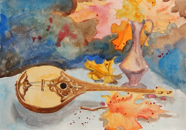 Oriental Musical Instrument Lies Table Autumn Maple Leaves Watercolor Color — Stock Photo, Image