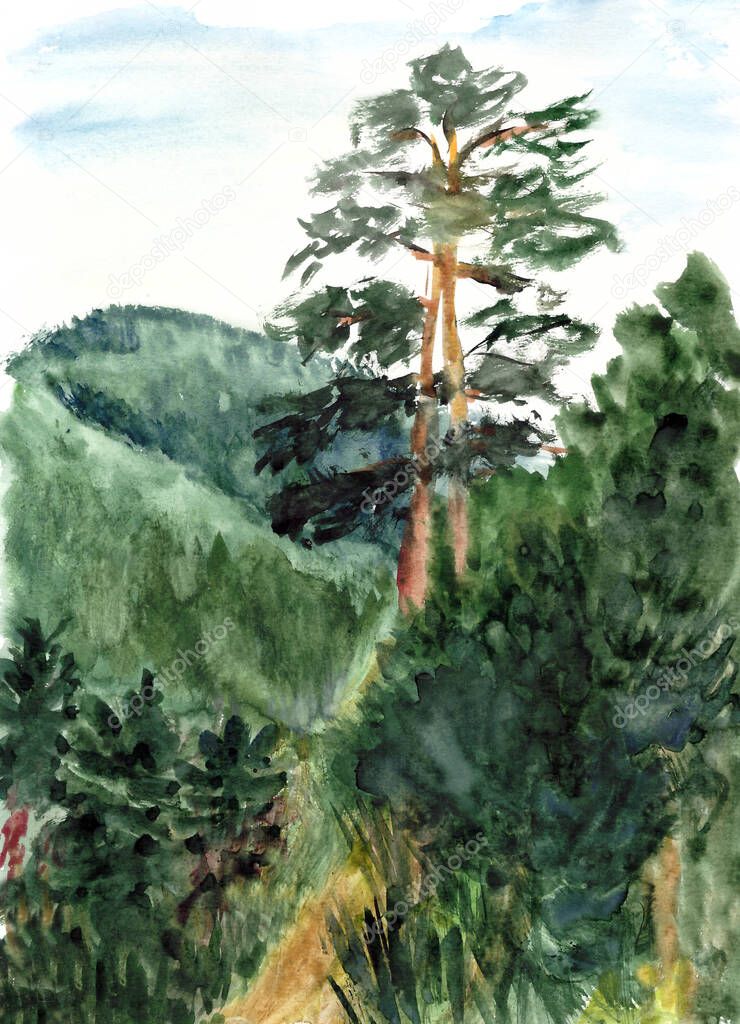 watercolor mountain landscape with two pine trees and the road