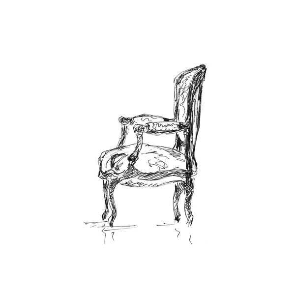 Czarny Biały Liniowy Rysunek Graficzny Antyczne Krzesło Białym Tle — Zdjęcie stockowe